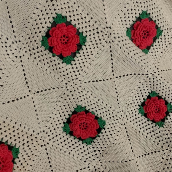 Other - Handmade Crochet Blanket with Red Floral Design